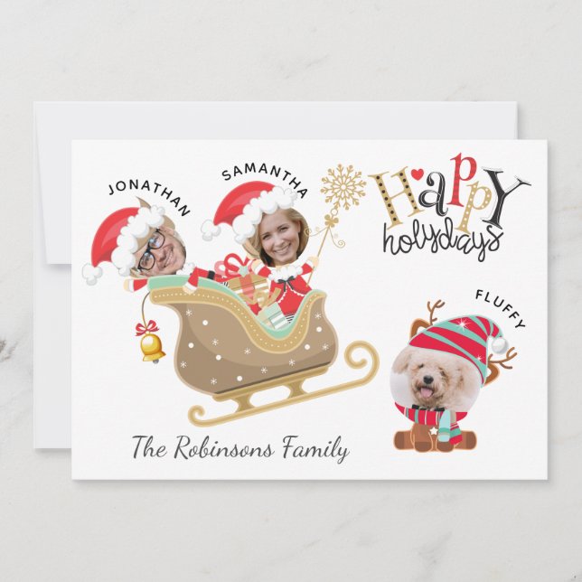 Cute Funny Photo Santa Family Dog Reindeer Xmas Holiday Card (Front)