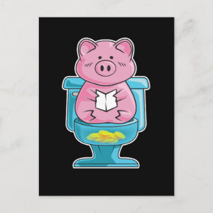 Cute & Funny Pig On Toilet Piggy Bank Postcard