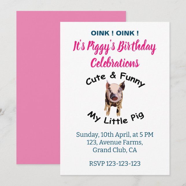 Cute Funny Pig's Birthday Farm Animal Party Invitation (Front/Back)