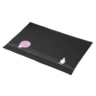 Cute Funny Pink Bubble Gum Birds On a Wire Black Cloth Placemat