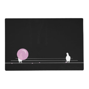 Cute Funny Pink Bubble Gum Birds On a Wire Black Placemat