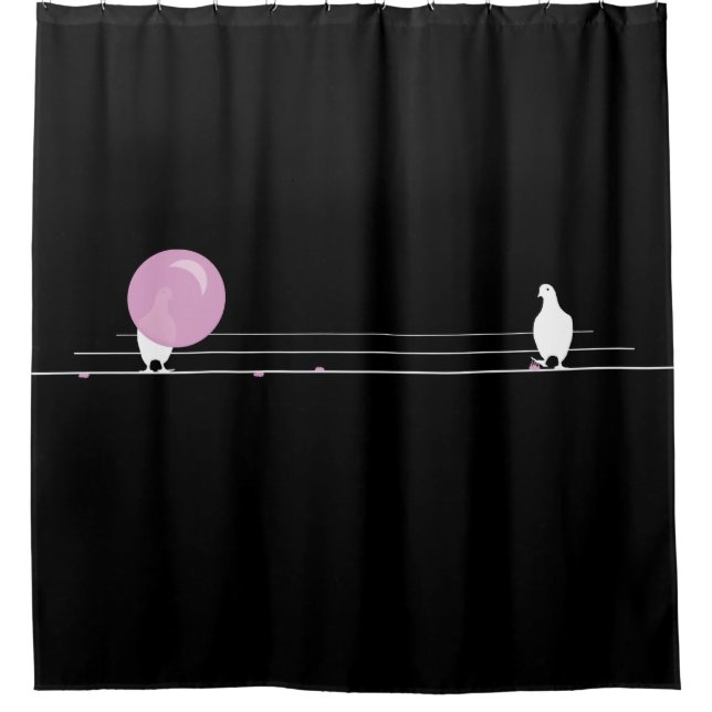 Cute Funny Pink Bubble Gum Birds On a Wire Black Shower Curtain (Front)