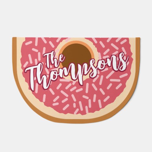 Cute Funny Pink Donut Food Family Name Doormat
