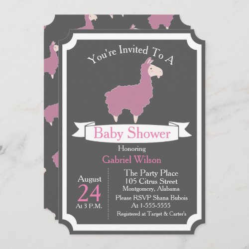 Cute Funny Pink Llama Baby Girl Baby Shower Invitation