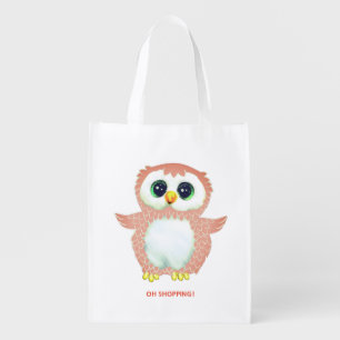 Cute funny pink owl & editable text grocery bag
