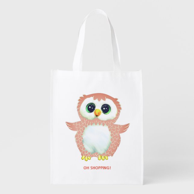 Cute funny pink owl & editable text grocery bag (Front)