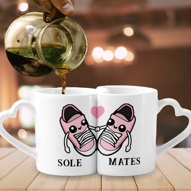 Cute Funny Pink Shoe Pun Soulmate Couple Coffee Mug Set (cute, funny pink shoe soulmate joke coffee mug set for couples)