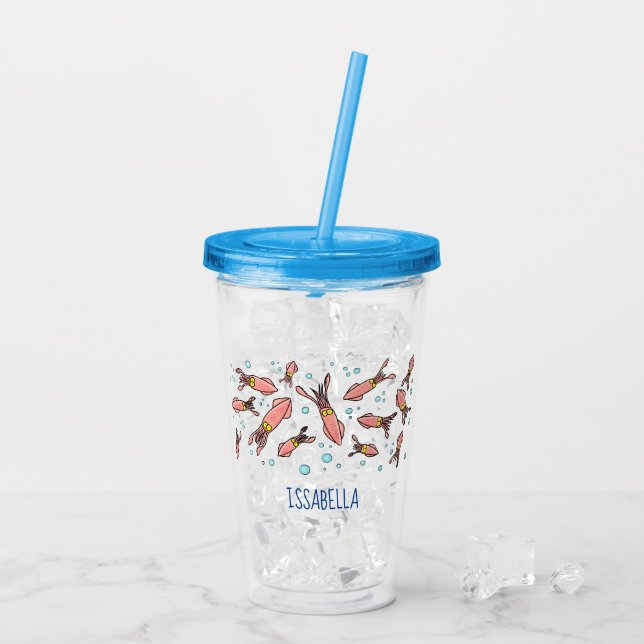Cute funny pink squid cartoon pattern acrylic tumbler (Back Ice)