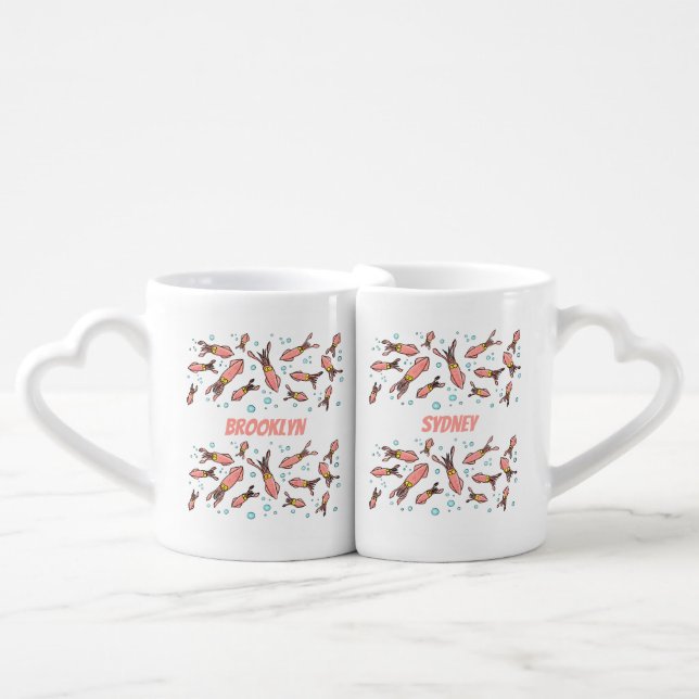Cute funny pink squid cartoon pattern coffee mug set (Front Nesting)