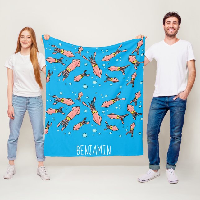 Cute funny pink squid cartoon pattern fleece blanket (In Situ)