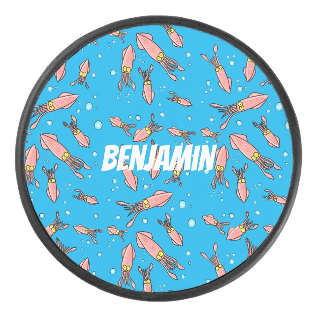 Cute funny pink squid cartoon pattern hockey puck (Front)