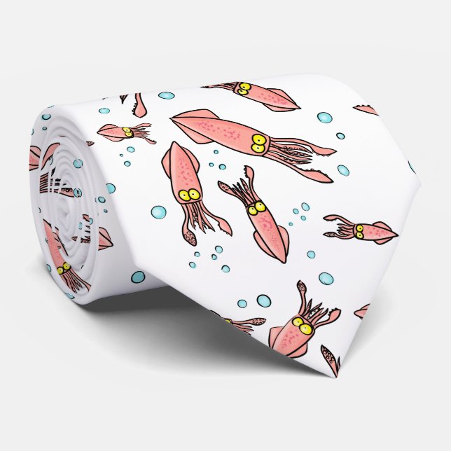 Cute funny pink squid cartoon pattern neck tie (Rolled)