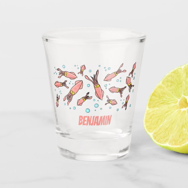 Cute funny pink squid cartoon pattern shot glass (Front)