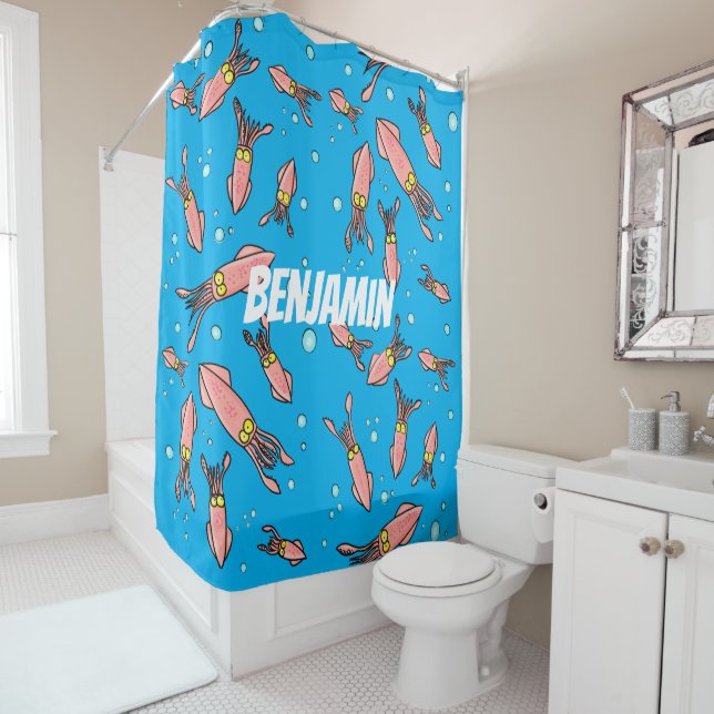 Cute funny pink squid cartoon pattern shower curtain (In Situ)