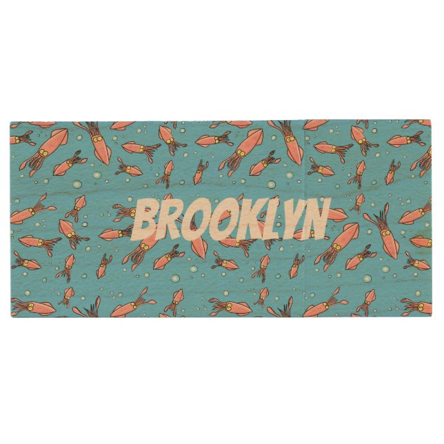 Cute funny pink squid cartoon pattern wood flash drive (Front)