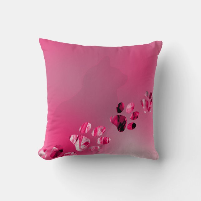 Cute Funny Pink & White Cat Paw Throw Pillow (Front)