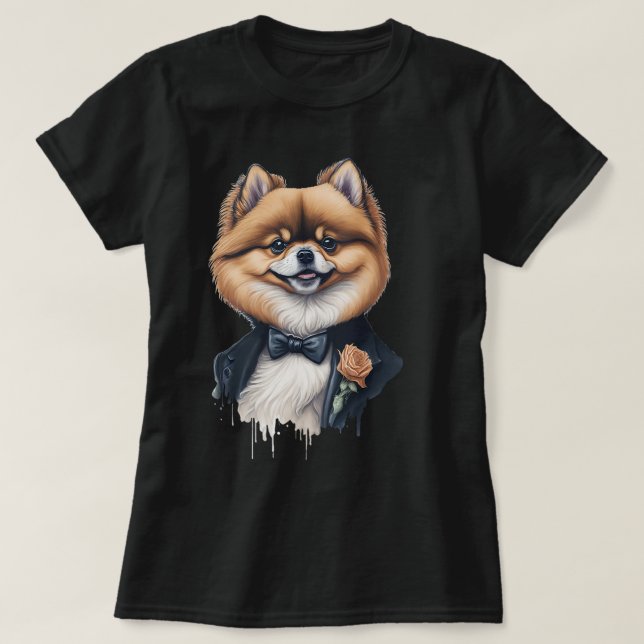 Cute Funny Pomeranian Dog Wearing Formal Clothes T-Shirt (Design Front)