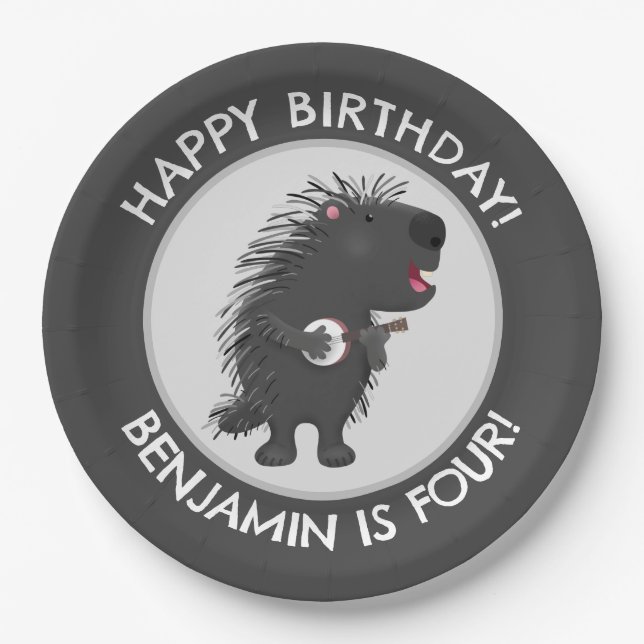 Cute funny porcupine personalized birthday cartoon paper plates (Front)