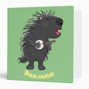 Cute funny porcupine playing banjo cartoon 3 ring binder