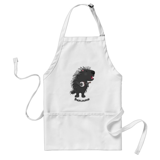 Cute funny porcupine playing banjo cartoon adult apron (Front)