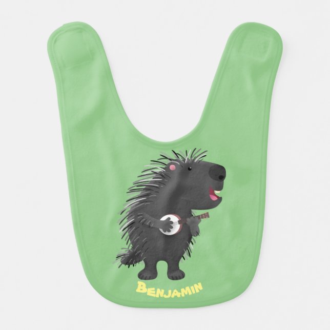Cute funny porcupine playing banjo cartoon  baby bib (Front)