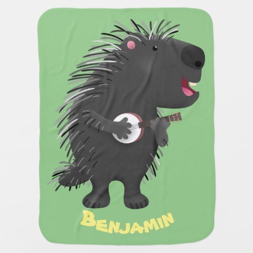 Cute funny porcupine playing banjo cartoon baby blanket