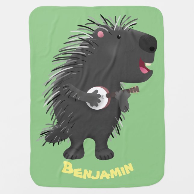 Cute funny porcupine playing banjo cartoon baby blanket (Front)