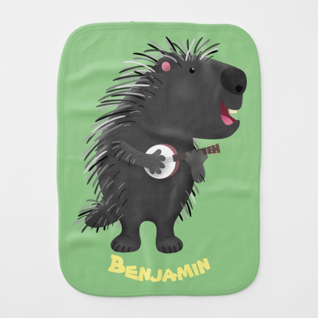 Cute funny porcupine playing banjo cartoon baby burp cloth (Front)