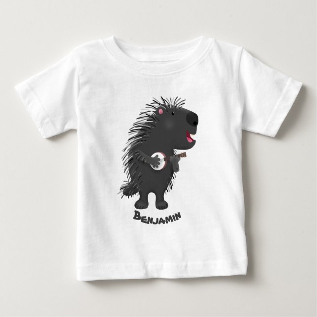 Cute funny porcupine playing banjo cartoon baby T-Shirt (Front)