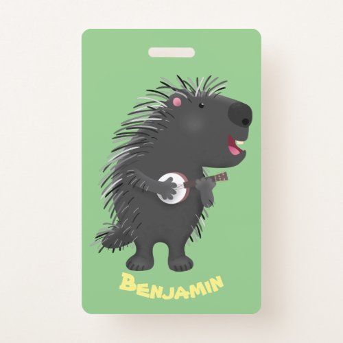 Cute funny porcupine playing banjo cartoon badge