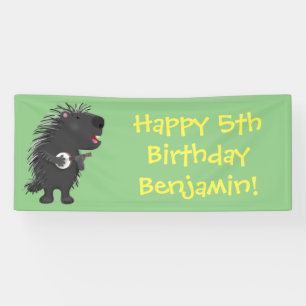 Cute funny porcupine playing banjo cartoon banner