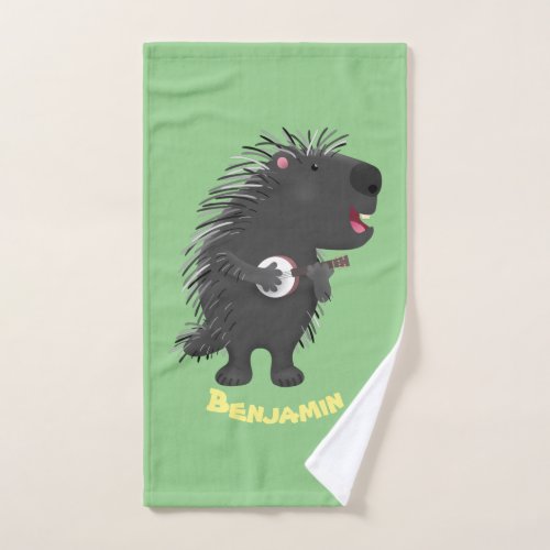 Cute funny porcupine playing banjo cartoon bath towel set