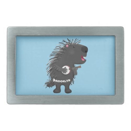 Cute funny porcupine playing banjo cartoon belt buckle