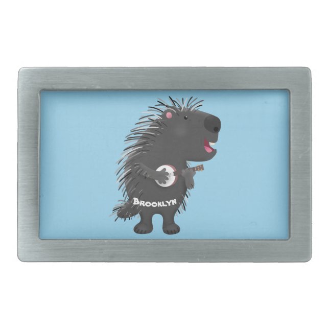 Cute funny porcupine playing banjo cartoon belt buckle (Front)