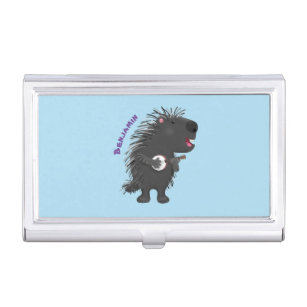 Cute funny porcupine playing banjo cartoon business card case