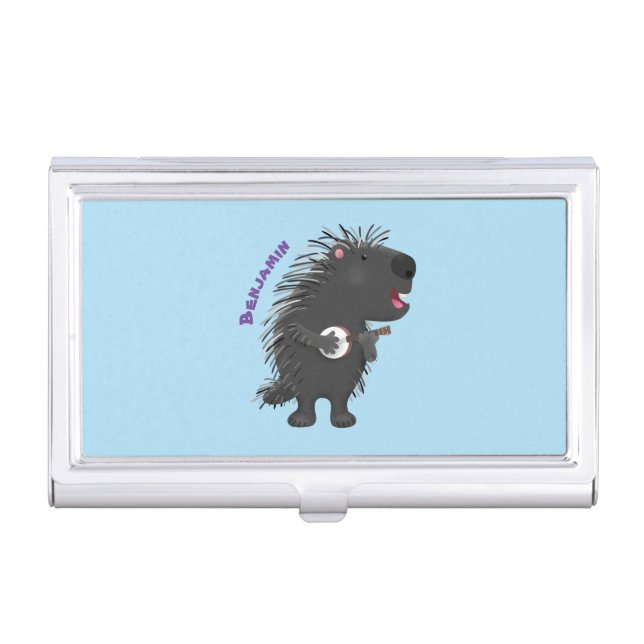 Cute funny porcupine playing banjo cartoon business card case (Front)