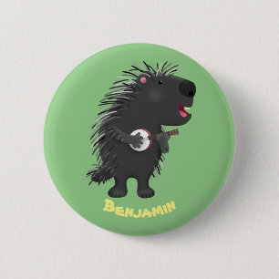 Cute funny porcupine playing banjo cartoon button