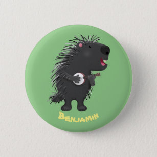 Cute funny porcupine playing banjo cartoon button