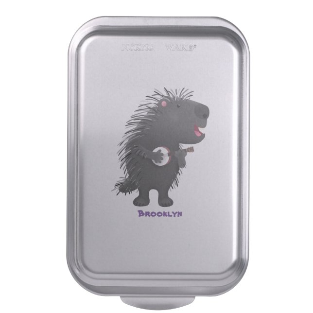 Cute funny porcupine playing banjo cartoon cake pan (Front Vertical)