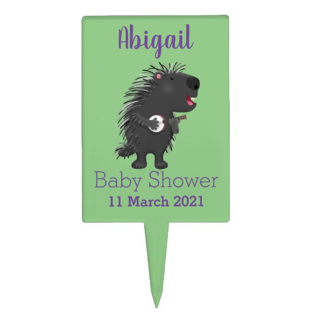 Cute funny porcupine playing banjo cartoon cake topper (Front)