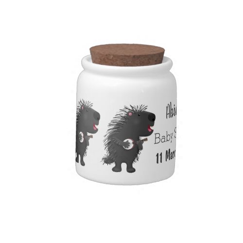 Cute funny porcupine playing banjo cartoon candy jar