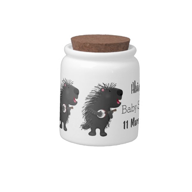 Cute funny porcupine playing banjo cartoon candy jar (Left)