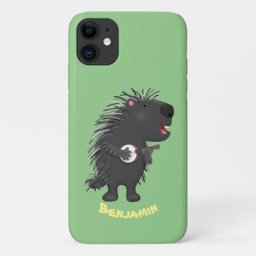 Cute funny porcupine playing banjo cartoon iPhone 11 case