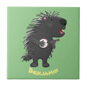 Cute funny porcupine playing banjo cartoon ceramic tile