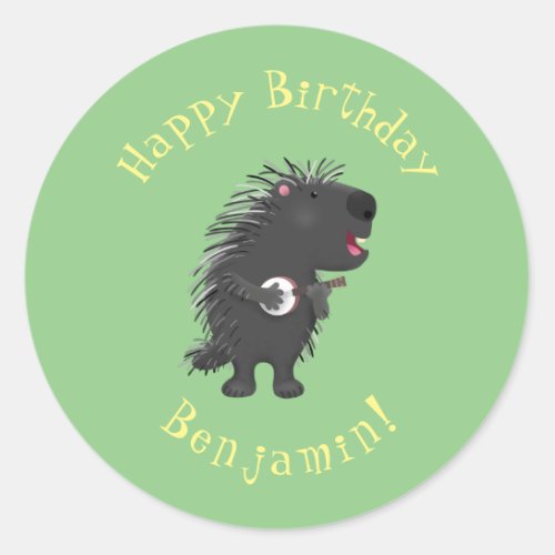 Cute funny porcupine playing banjo cartoon classic round sticker