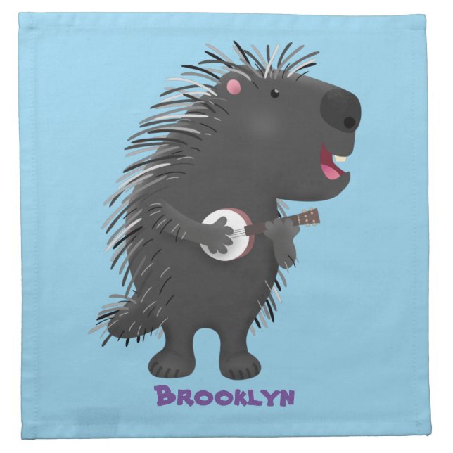 Cute funny porcupine playing banjo cartoon cloth napkin (Front)