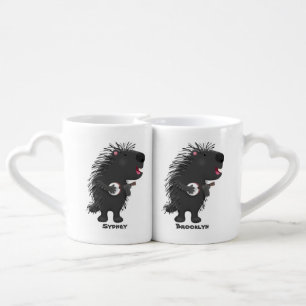Cute funny porcupine playing banjo cartoon coffee mug set