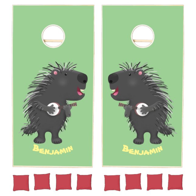 Cute funny porcupine playing banjo cartoon cornhole set (Set)