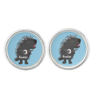 Cute funny porcupine playing banjo cartoon cufflinks