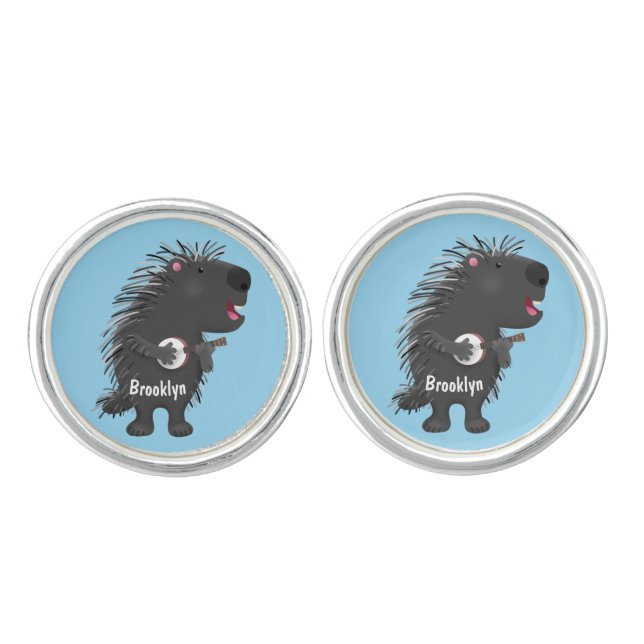 Cute funny porcupine playing banjo cartoon cufflinks (Front)